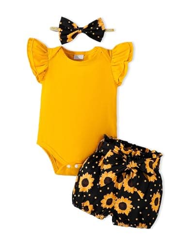 Baby Girl Outfits 3-6 Month Girl Clothes New Born Clothes Baby Girls Summer Outfit Set Ruffle Sleeve Top Sunflower Bottom Matching Cute Headband 3PCS