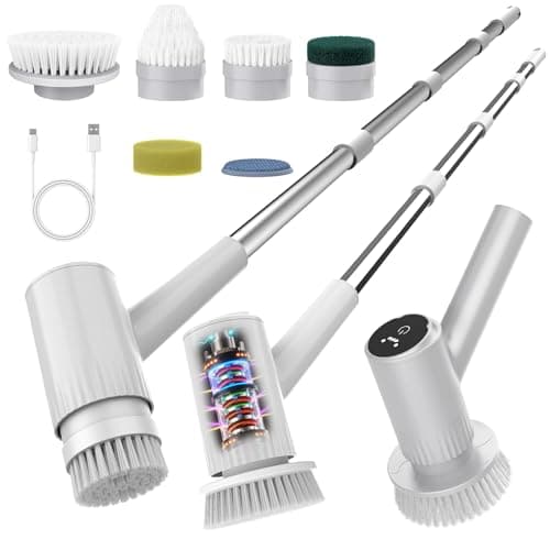 BOTLIFE Electric Spin Scrubber – 5-Hour Battery, 6 Brush Heads, No Bending with 47" Extendable Handle, Cordless Power Scrubber for Bathroom Shower Bathtub Tile Kitchen Floor