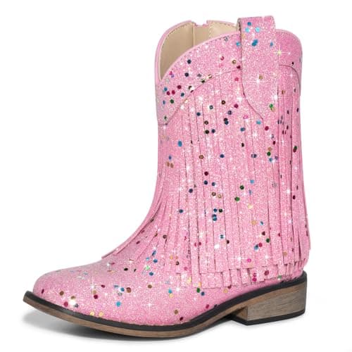 Rollda Fringe Cowgirl Boots, Glitter Cowboy Boots for Girls, Square Toe Kids Sparkle Boots for Birthday Wedding Party, Toddler/Little Kid/Big Kid