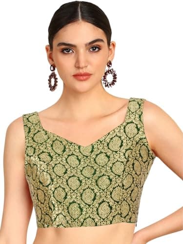Chandrakal Womens Banarasi Brocade Sleeveless Readymade Saree Blouse,Bottle Green Gold, Large (B229BOT4)