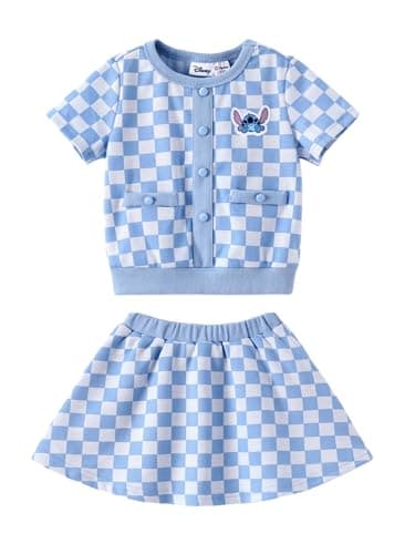Disney Lilo & Stitch Big Girls’ 2 Piece Outfit Light Blue Short Sleeve Character Print Button Knit Top & Tweed Skirt Set Birthday Party Kids Dress Costume Summer Holiday Clothes Gift 8-9 Years