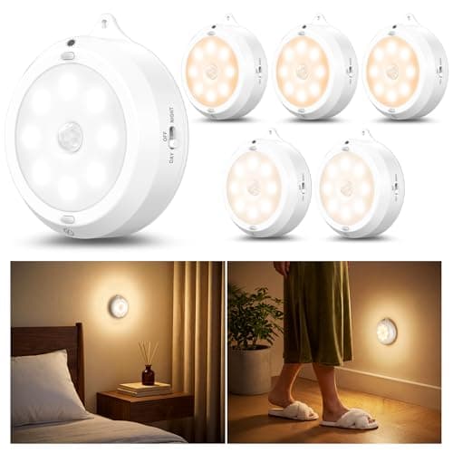 YiaMia Motion Sensor Under Cabinet Lights - 6 Pack, Indoor Smart Sensor Night Light, 3 × AA Battery Operated Wireless Stair Light, Dimmable Puck Lights Suitable for Kitchens, Wardrobes, Hallway