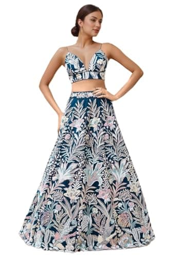 Indya Blue Net Sequin Work Lehenga Choli Set for Festive | Spaghetti Strap | V-Neck | Indian Ethnic Wear