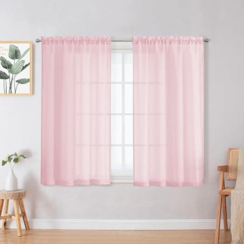 Chyhomenyc Crushed Sheer Curtains 45 Inch Length 2 Panels, Crinkle Voile Light Filtering Short Sheer Curtains for Bedroom Living Room, Each 42Wx45L Inches, Blush Pink