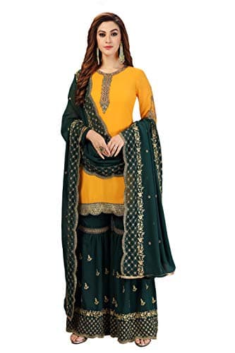 TRENDMALLS Women's Georgette Embroidery Kurta Sharara Suit Set Stitched (USTM.G58-Yellow-XXL)