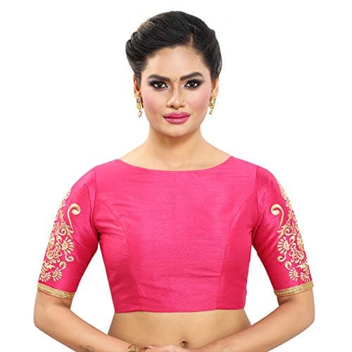 Madhu Fashion Women's Poly Raw Silk Readymade Saree Blouse with Embroidered Sleeves (32 Pink)
