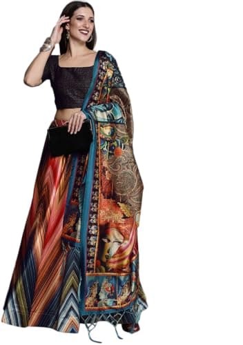 Indya Women's Black Silk Printed Half Sleeve U-Neck Lehenga Set