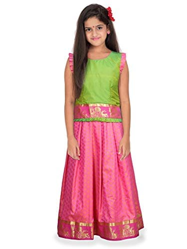 kaatru Thana Girls Pavadai Set D54 - Lehenga Choli - Green & Pink (11-12 Years)