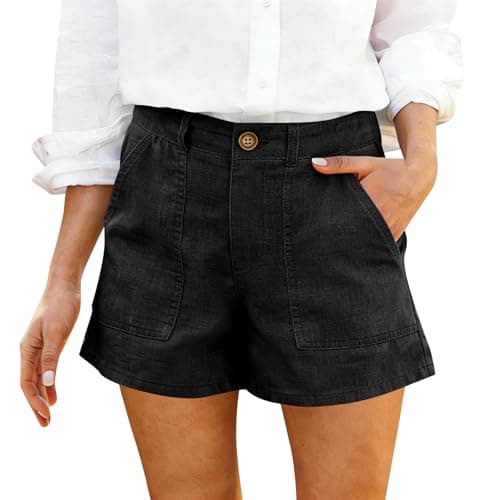 Womens Linen Shorts High Waisted Bermuda Shorts with Pockets Trendy Casual Summer Button Chino Short Boho Beach Flowy Lounge Short Work Dress Pants Trousers Pants Resort Wear for Women 2026 A-Black
