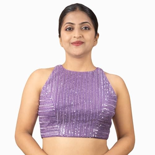FIGURE'S DESIGNER Women's Net Sequin Embroidered Halter Neck Sleeveless Readymade Saree Blouse Indian Ethnic DESIGNER Stitched Plus Size Top Padded Lavender Pink Blue Silver Black (42, Lavender)