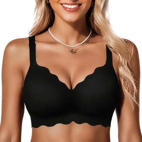 COCOMARTS Jelly Bras for Women No Underwire Push Up Seamless Bralettes Wireless Soft Comfort Scalloped Everyday Tshirt Bra Black Large