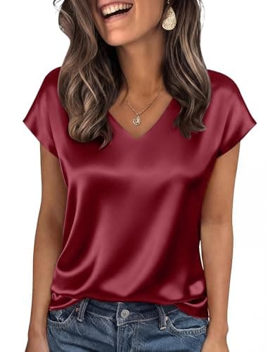 Blouses for Women Short Sleeve Tops Dressy Business Casual Outfits Summer Blouse Trendy 2026 Work Clothes Vneck Tshirts Dress Shirts Ladies Tops Cute Burgundy L