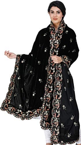Exotic India Amritsar Velvet Dupatta with Embroidered Flowers and Sequins Ethnic Design Stole, Chunni For Women's