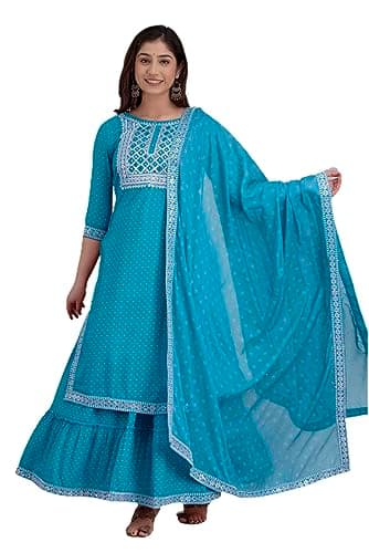 MAGHMA Women's Cotton Embroidered Nyra Cut Kurti with Pant and Dupatta Set TURQUOISE-XXL