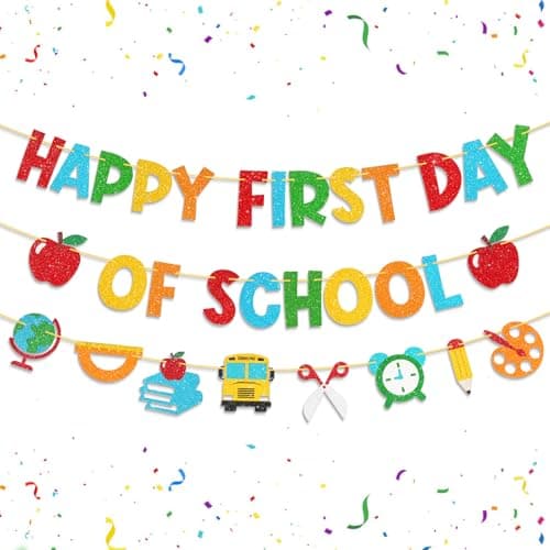 Shzbtdo Pre-Strung Happy First Day of School Banner, Glitter First Day of Kindergarten Decorations for Classroom, Welcome School Decorations for Kindergarten PreK 1st Grade Students