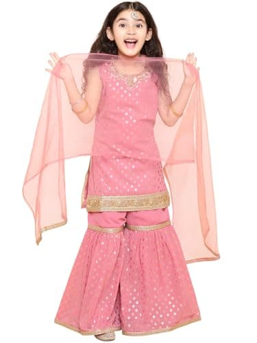 ADIVA Girls Indian Ethnic Wear Salwar Kameez For Kids|Girls Punjabi Suit|Kids Kurta Sharara Set For Girls|Indian Dress-PNK-30