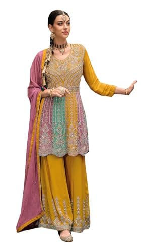 STELLACOUTURE Eid festival salwar kameez ready to wear suit indian pakistani style party embroidered for women 2704-O (Yellow, 42)