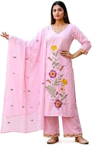 Mehniya Maison Women's Pink Floral Embroidered Cotton Kurta Palazzo Set with Dupatta Indian Ethnic Dress for Festive Wear - Large