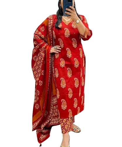 PATALIYA Cotton Straight Indian Kurti For Women Summer Dress Kurta Pant With Dupatta Set (US, Alpha, X-Large, Regular, Regular, Red)