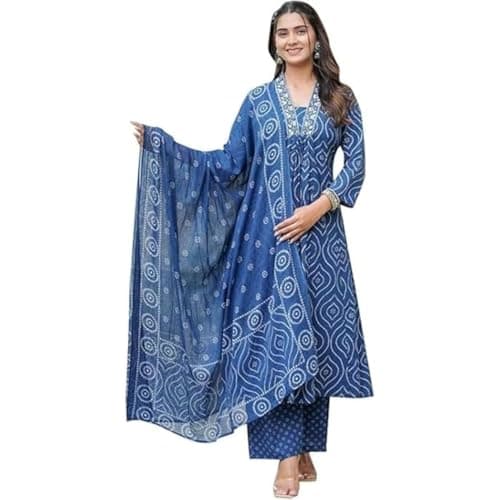 ZYLAURA Indian Casual Dress for Women Salwar Kameez Suit - Pure Cotton Ethnic Anarkali Kurta Set, Festive Traditional Wear 3/4 Sleeve - Blue XL Size