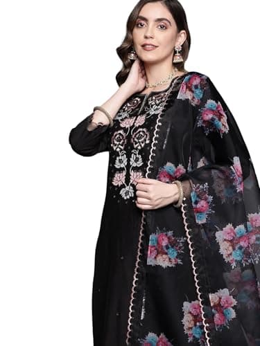 Marigold House The Black Floral Embroidered Kurta Set for Women | Straight Kurti with Pants | Soft Cotton-Blend Fabric with Scalloped Neckline & Organza Dupatta - Small