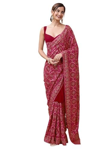 TRENDMALLS Women's Vichitra Silk Embroidery, Siroski Work Saree with Unstitch Blouse Piece (K1088-Red)