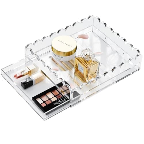 Scalloped Acrylic Tray for Makeup, 10" x 12" Organized Tray Insert Upgraded 1" Height Drawer, Large Rectangular Clear Acrylic Tray for Needlepoint Lipsticks Jewelry Customizable Photos Art Display