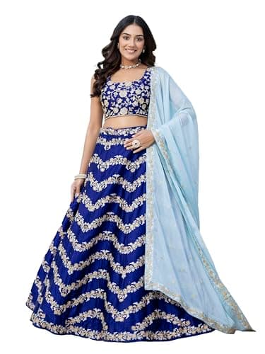 TRENDMALLS Women's Satin Sequin Embroidery Work Lehenga Choli with Dupatta For Women Ready To Wear (L289-Blue-M)