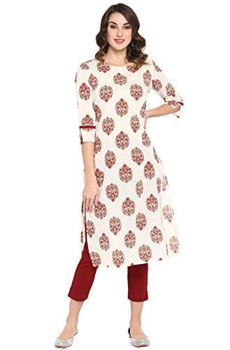 Janasya Indian Women's Cotton White Floral Print Casual Wear Kurta for Women