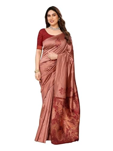 Sidhidata Women's Kanjivaram Banarasi Soft Silk Saree With Unstitched Blouse Piece (Silk Box Flower) (Peach)