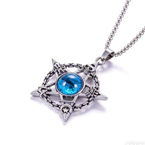 LUSKINNO Blue Star & Evil Eye Titanium Steel Necklace, 2.23ft Dragon Bone Chain with Anti-Fall Fishhook Clasp, Waterproof Tarnish-Resistant for Men Women