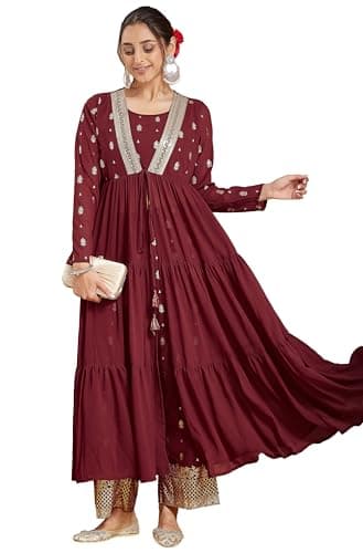 Janasya Indian Women's Georgette Maroon Foil Print Festive Wear Kurta Set for Women