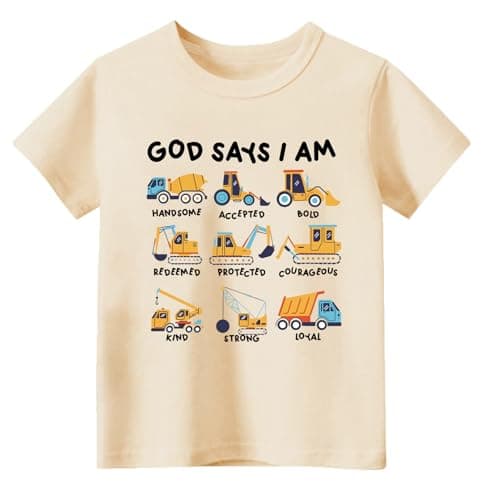 Sineeko God Says I Am Trucks Shirts Toddler Boys Christian T-Shirts Construction Religious Bible Verse Tees Tops Beige 4T