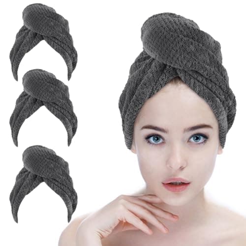 SINLAND Microfiber Hair Drying Cap Hair Towel Turban Twist for Women Fast Drying Towels Head Turban Absorbent Soft Lightweight 3 Pack Grey