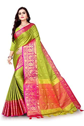 MOHIT CREATIONS Wedding Wear Traditional Pure Cotton Silk Saree With Unstitched Blouse Piece (Green)