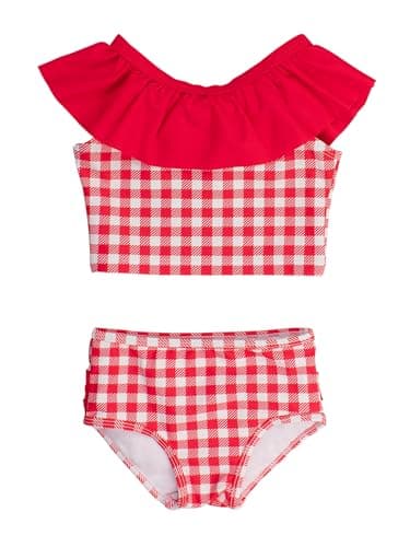 RuffleButts Baby/Toddler Girls UPF50+ Ruffle Tankini 2-Piece Swimsuit - Vintage Red Gingham, 3T