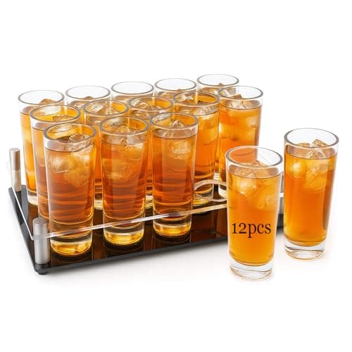 Ruckae 12 Pack 2 OZ Shot Glasses Set Clear Shot Glasses Bulk with Tray Heavy Base Cylinder Glass Shot Cups for Vodka Tequila Whiskey Liquor Cocktail