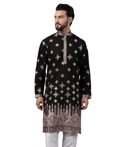 Sojanya (Since 1958 Men’s Cotton Mirror Hem Embroidered Black Long Kurta