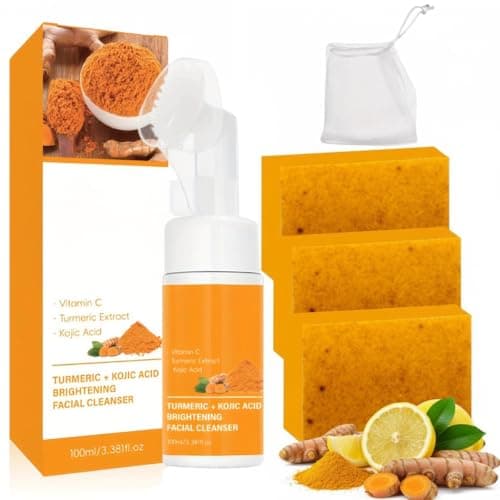 RUNMAT 4-Piece Turmeric Skin Care Set, Foaming Facial Cleanser (3.38OZ) with Silicone Brush & 3 Turmeric Soap Bars, Daily Face & Body Cleansing Set for All Skin Types