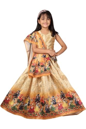 BLOOMBUD Girls Silk Blend Indian Ethnic Lehenga Choli Set with Dupatta – Printed Silk Party Wear Dress for Festivals & Weddings (Yellow, 2-3 Years)