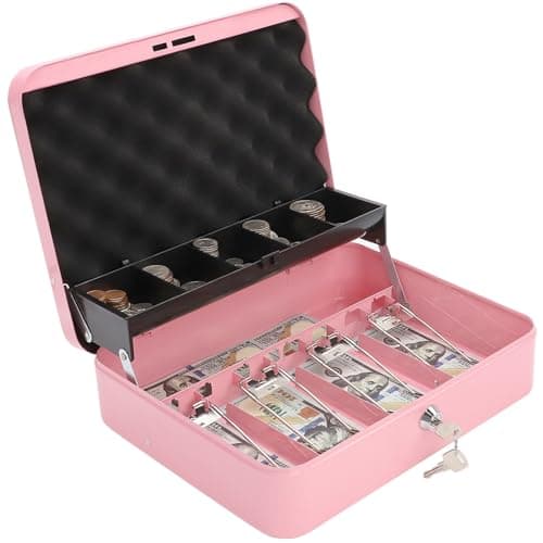 KENTOKO Cash Box with Key Lock & Foam Auto-Pop Coin Tray – Secure Steel Money Box with 4 Upgraded Finger-Safe Bill Clips, Premium Smooth Scratch-Resistant Coating, 11.8"L x 9.5"W x 3.5"H, KL Pink