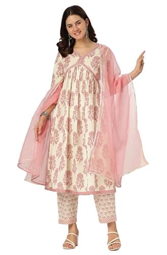 Janasya Indian Women's Cotton Cream Floral Print Casual Wear Kurta Set for Women
