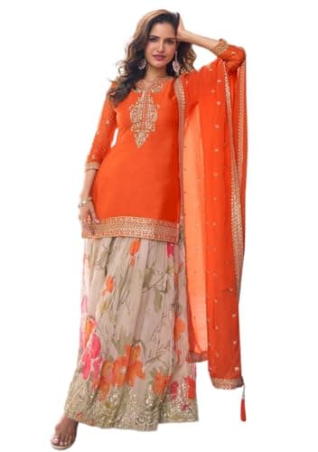 Indya Orange Embroidered Chinon Sharara Set – Embroidered for Festive | 3/4 Sleeve | Crew Neck | Indian Ethnic Wear