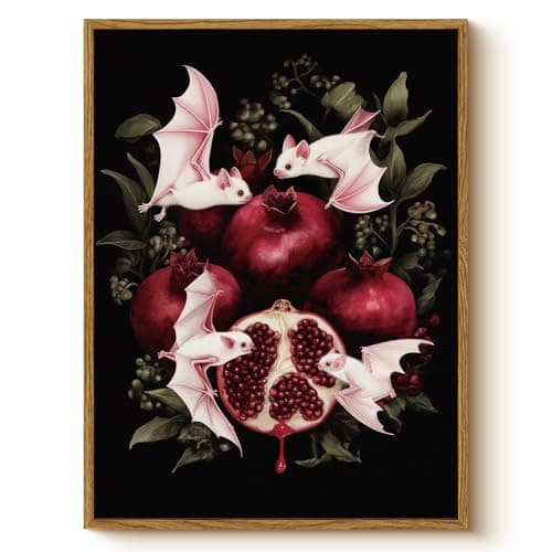 Fantasy Framed Gothic Wall Art 12x16 Inch, Halloween Dark Botanical Bat Pomegranate Illustration Print, Moody Animal Artwork Living Room Bedroom Home Office Gallery Modern Decor