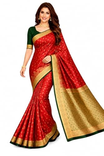 TRILOK CREATION Women’s Elegant Banarasi Style Saree with Gold Zari Work – Traditional Indian Ethnic Wear for Wedding & Festive Occasions (Red & Green)