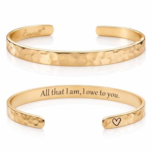 Carviell Bracelet for Mom – “All That I Am, I Owe to You” Engraved Cuff, Mother Gift from Daughter or Son, Gold Stainless Steel Jewelry, Birthday, Christmas, or Mother’s Day Present