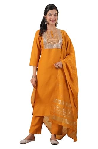 Janasya Indian Women's Cotton Mustard Yoke Embroidered Festive Wear Kurta Set for Women
