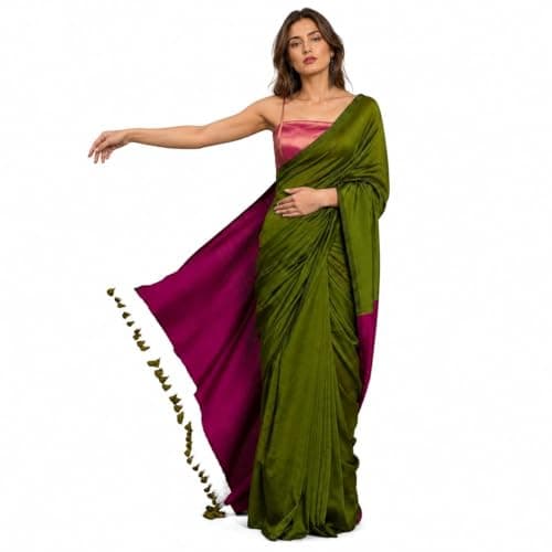 Grahasht Pure Cotton Saree for Women with Blouse Piece, Soft Traditional Indian Sari for Party Wear, Wedding, Festival (Green and Pink)