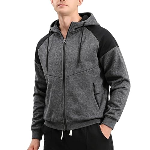 SHAGGA Zip Up Hoodie Men Light Fleece-Lined Patchwork Thermal Full-Up Sweatshirts Warm track Jacket With Zip pockets(US, Alpha, X-Large, Regular, Regular, Dark gray（Thin Fleece）)