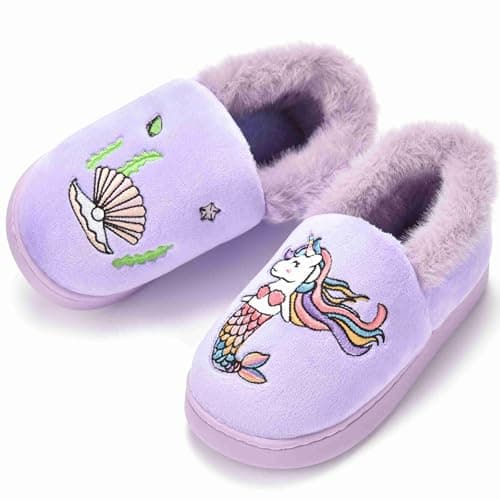 Ainikas Toddler Boys Girls Slippers Fluffy Little Kids House Slippers Warm Cute Animal Home Slipper, Mermaid-Purple 12-13 Little Kid
